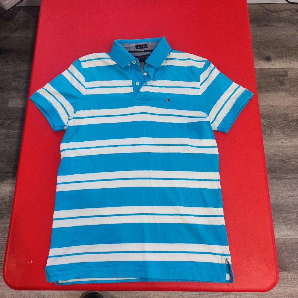Tommy Hilfiger white blue striped casual polo shirt men's size XS